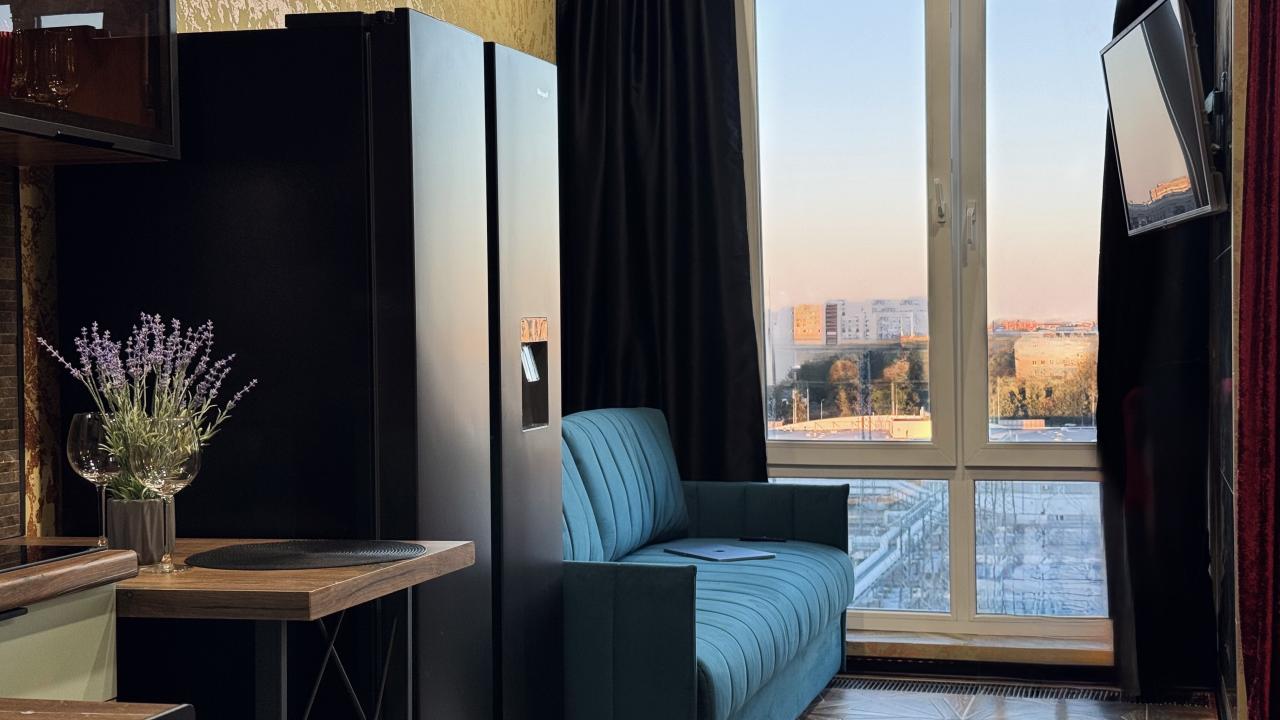 Real photos of Studio with panoramic views and designer renovation in a premium residential complex in St. Petersburg.
