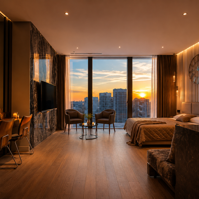 Sunset side in the Moscow City designer apartment